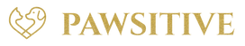 Gold 'PAWSITIVE' logo with a paw print design on a white background
