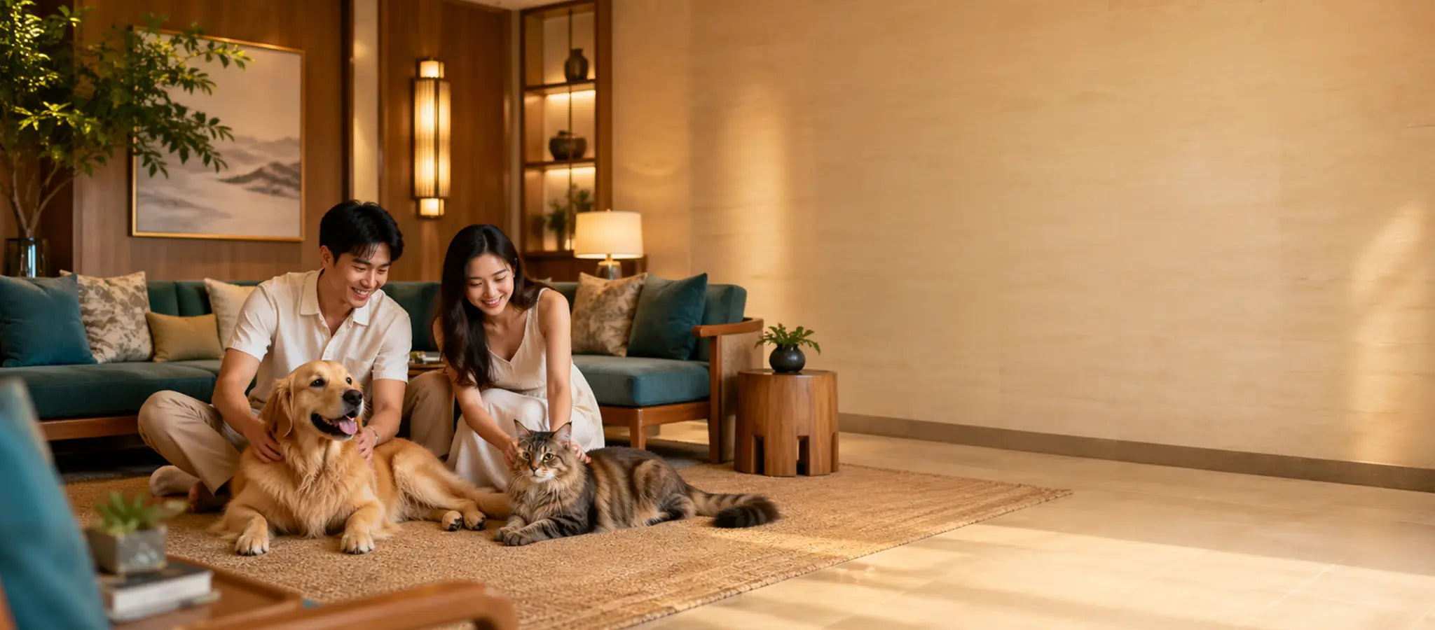 Couple with a dog and cat in a cozy living room