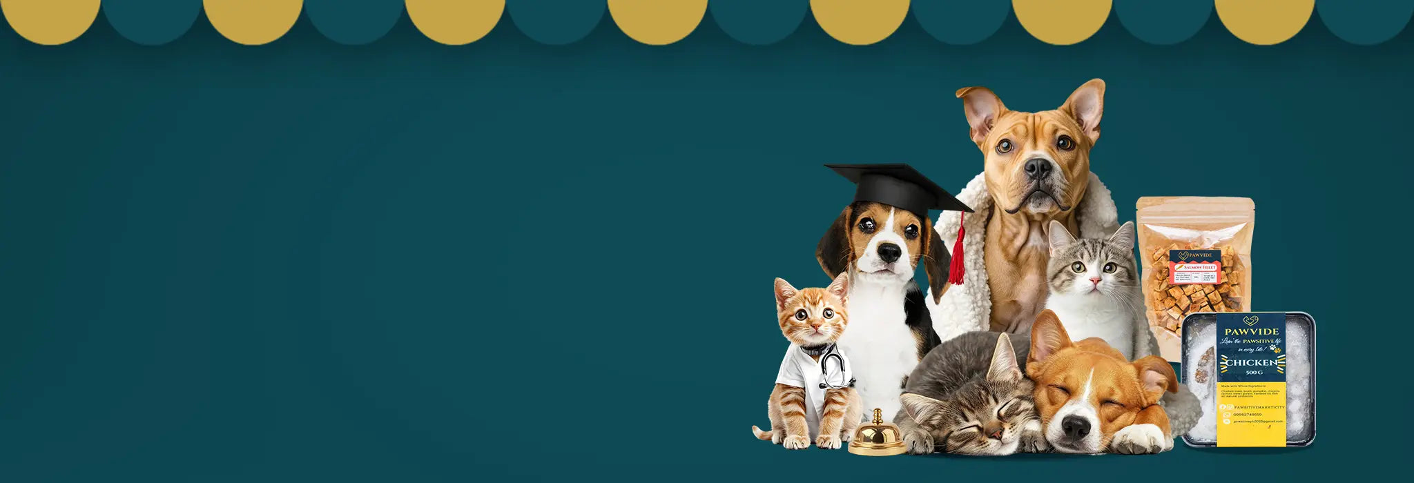 Group of dogs and cats with graduation caps and a bag of dog food on a blue background