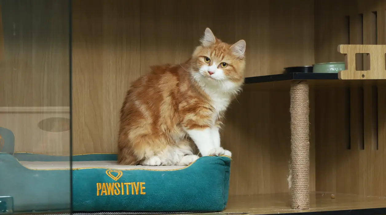 Orange cat sitting on a blue cushion with 'Pawsitive' branding in a pet store.