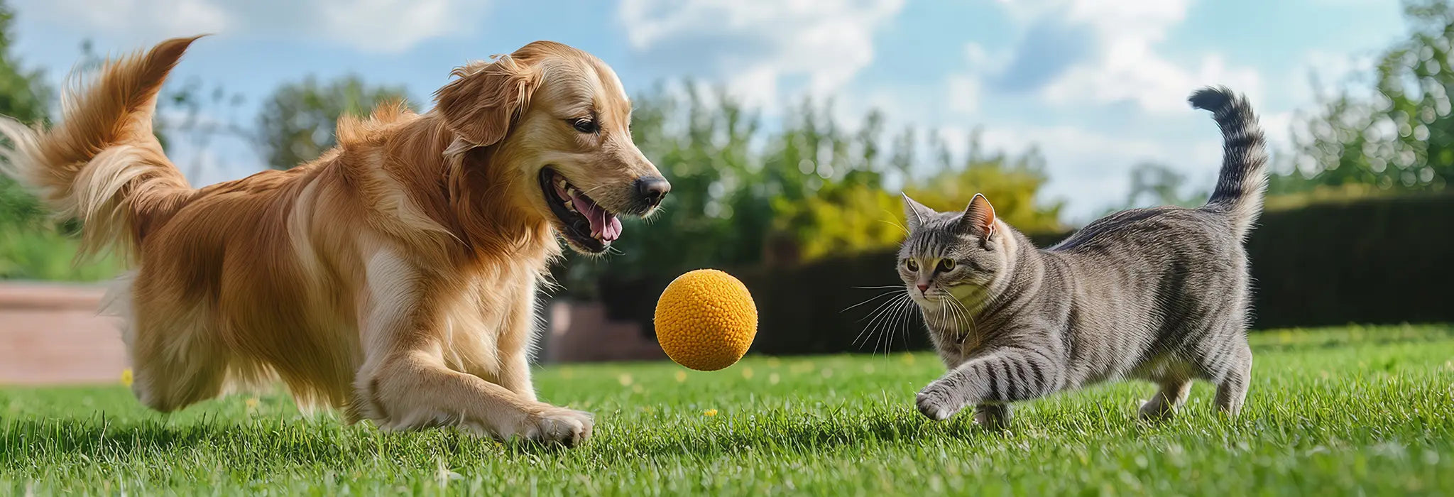 Dog and cat playing with a ball on grass