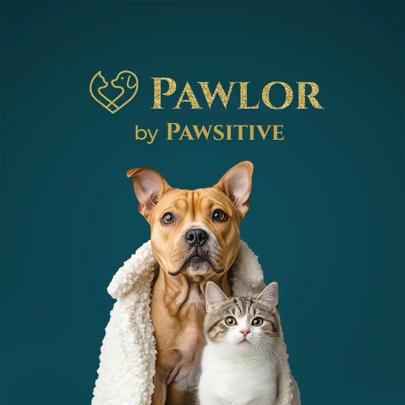Dog and cat under a blanket with 'Pawlor by Pawsitive' logo on a teal background