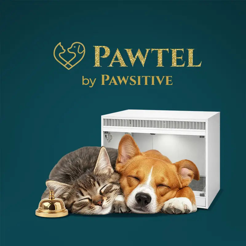 Two sleeping cats and a dog with a white pet carrier and 'PAWTEL by PAWSITIVE' logo on a dark blue background.
