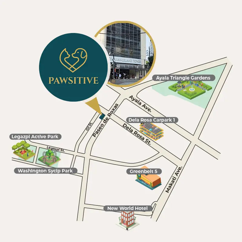 Map of a neighborhood with street names and nearby landmarks, featuring the 'Pawsitive' brand logo.