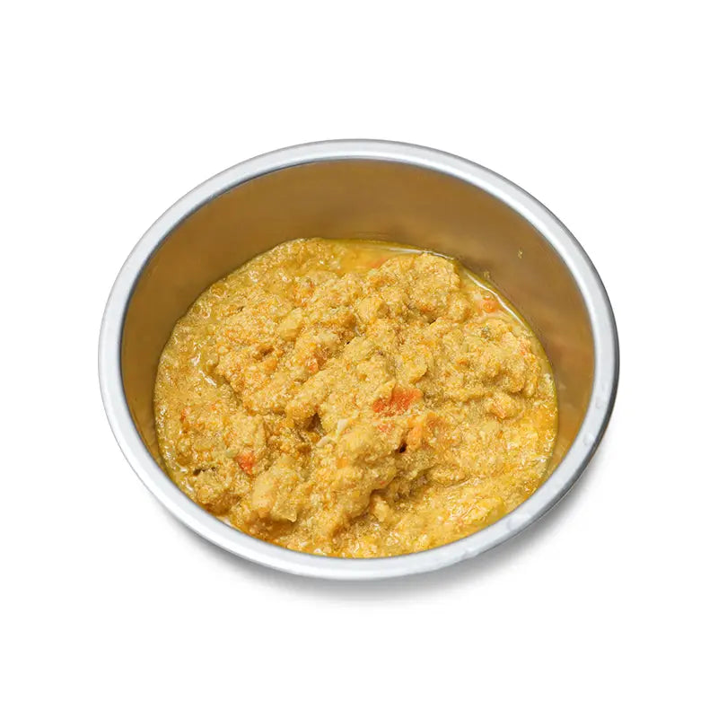 Metal bowl with pet food on a white background