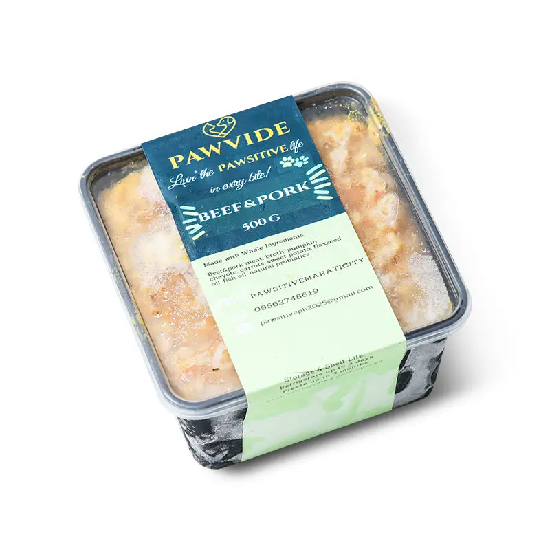 Pawvide beef and pork pet food container on a white background