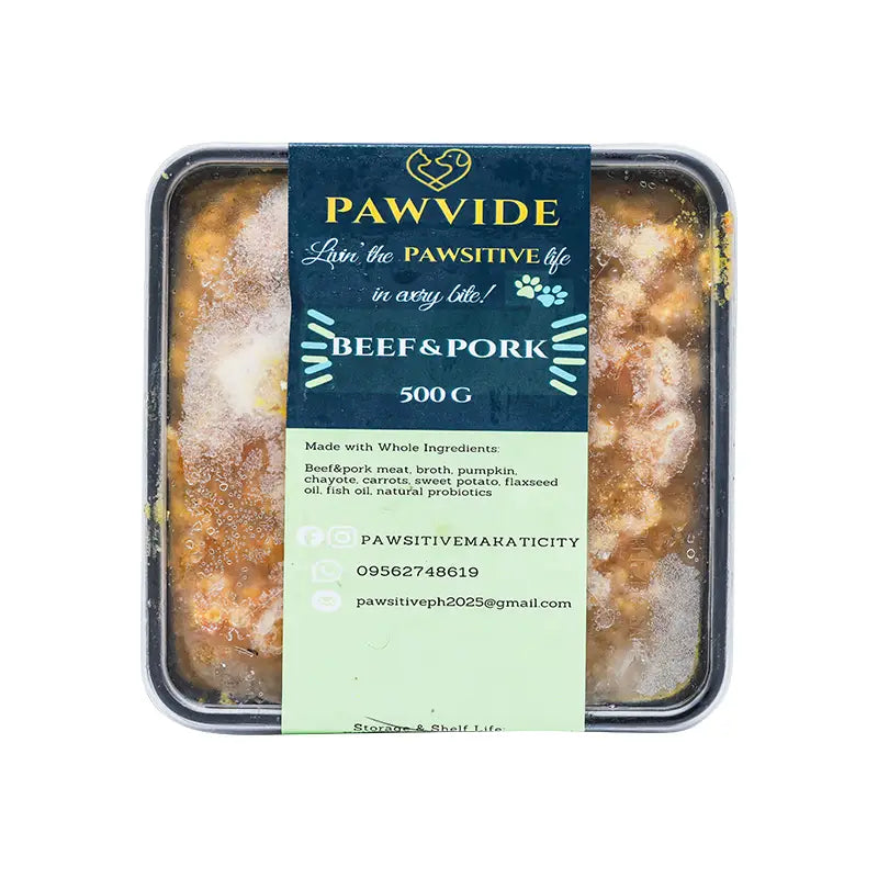 Pawvide beef and pork pet food packaging on a white background