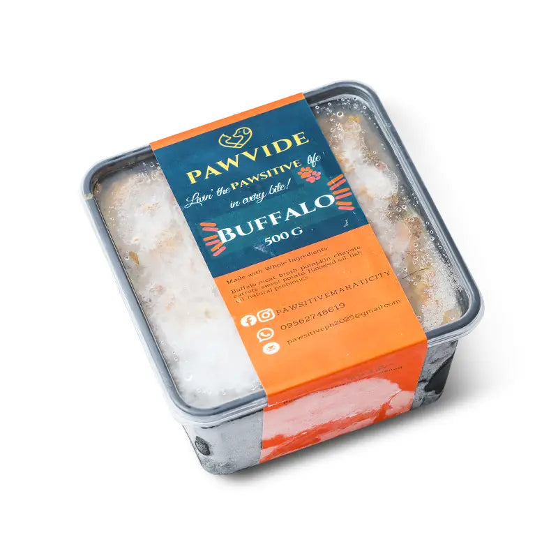 Packaged buffalo meat with Pawvide branding on a white background