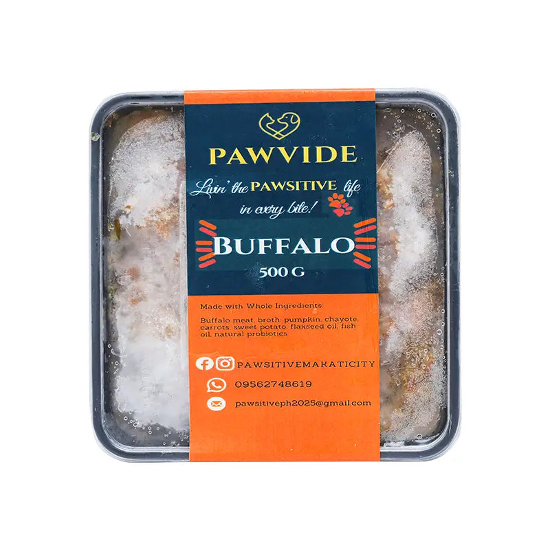 Pawvide buffalo pet food packaging on a white background