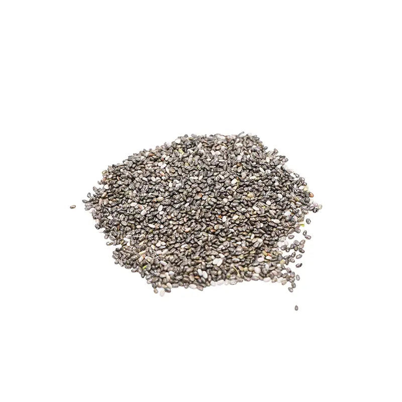 Pile of chia seeds on a white background
