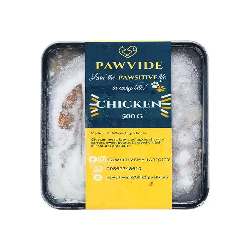 Packaged chicken product with Pawvide label on a white background