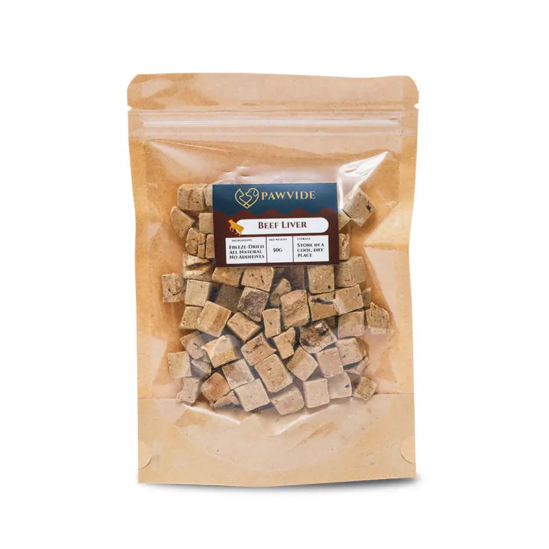 Pouch of dog treats labeled 'Pawvide' with a clear window showing the contents on a white background.