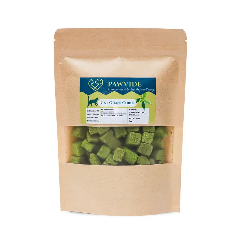 Pouch of Pawvide Cat Grass Cubes on a white background