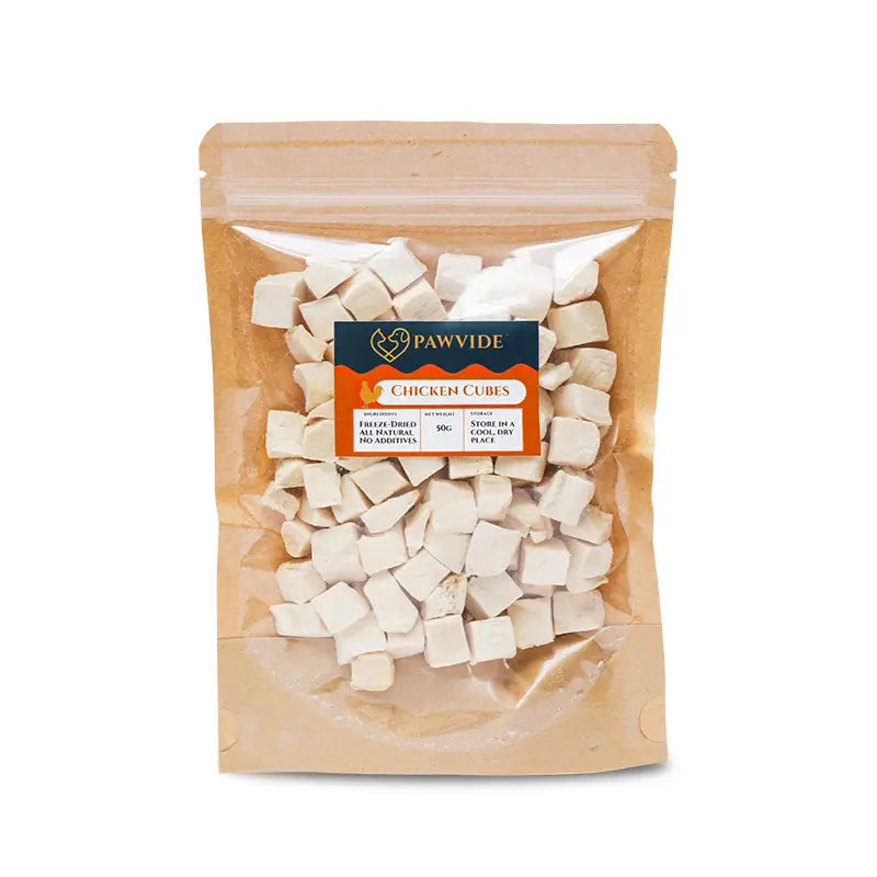 Bag of Pawvide Chicken Cubes on a white background