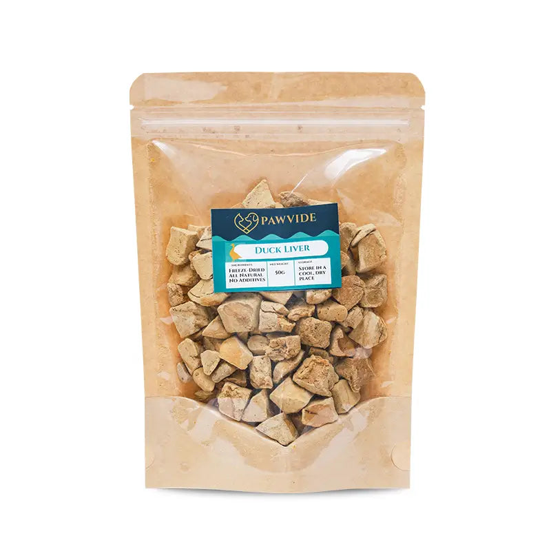Pouch of duck liver treats for pets with a 'Pawvide' label on a white background