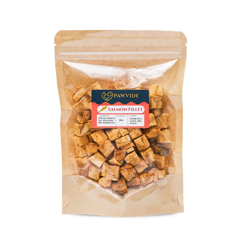 Package of Pawvide salmon fillets on a white background