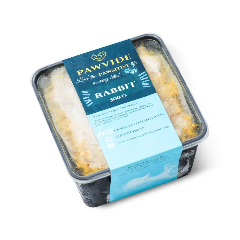 Packaged rabbit food with a blue label on a white background