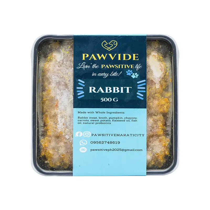 Packaged rabbit food with Pawvide branding on a white background