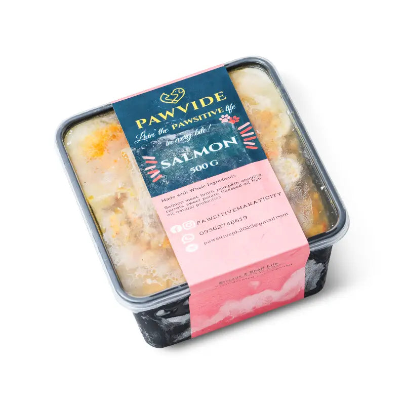 Pawvide salmon pet food packaging on a white background