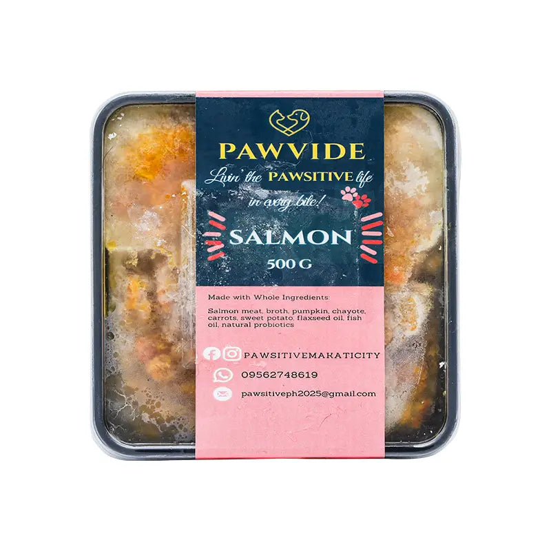 Pawvide salmon pet food packaging on a white background