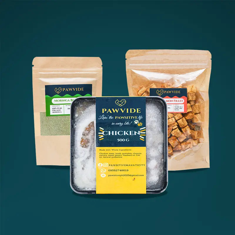 Pawvide pet food packages on a dark green background