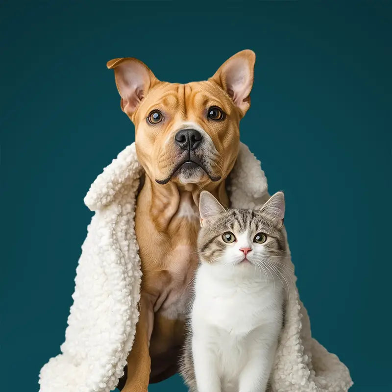 Dog and cat sitting together on a blue background