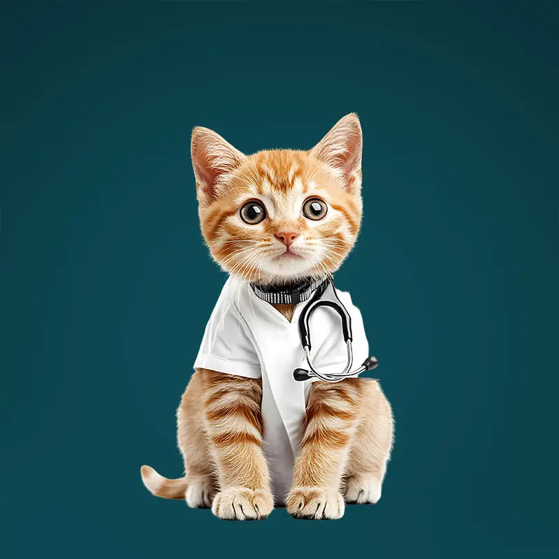 Cat wearing a white coat with a stethoscope on a blue background